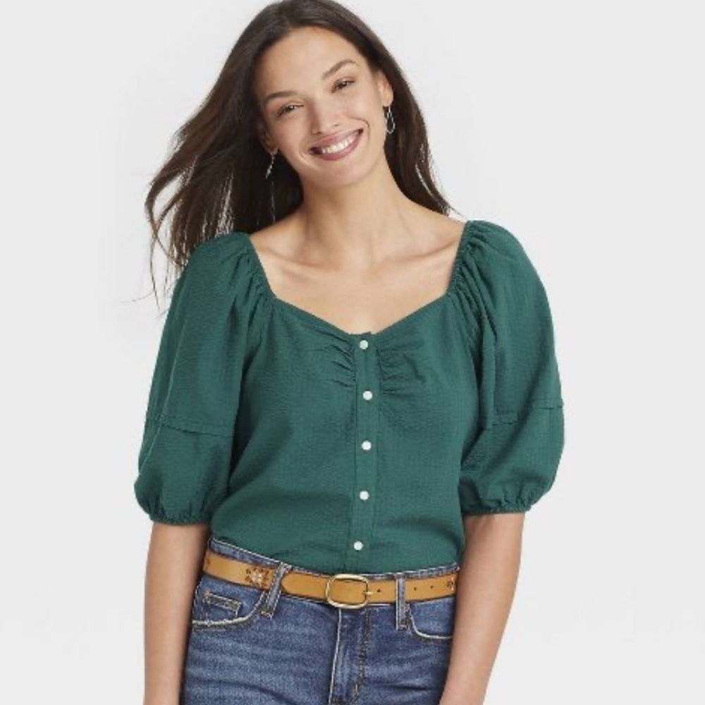 UNIVERSAL thread plus size XXL Puff Short Sleeve Button-Front Blouse Teal nwt - Picture 1 of 6